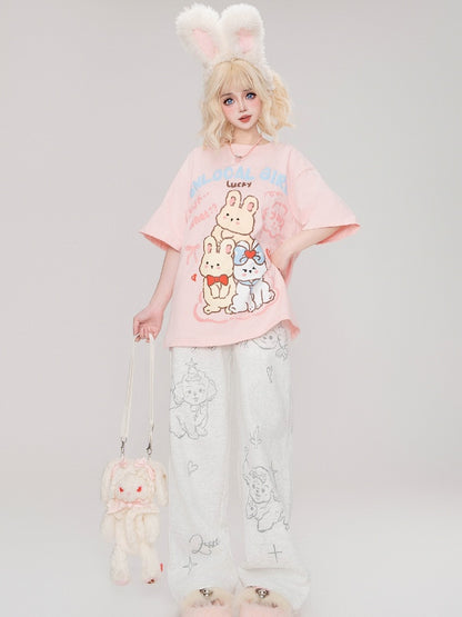 ピンク/ブラック/アプリコットバニーズルーズTシャツ