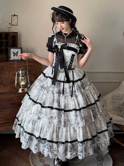 Elegant Hanayome-Style Black & White Porcelain-Inspired 120CM-Length Lolita Princess Dress - Sleepless Star