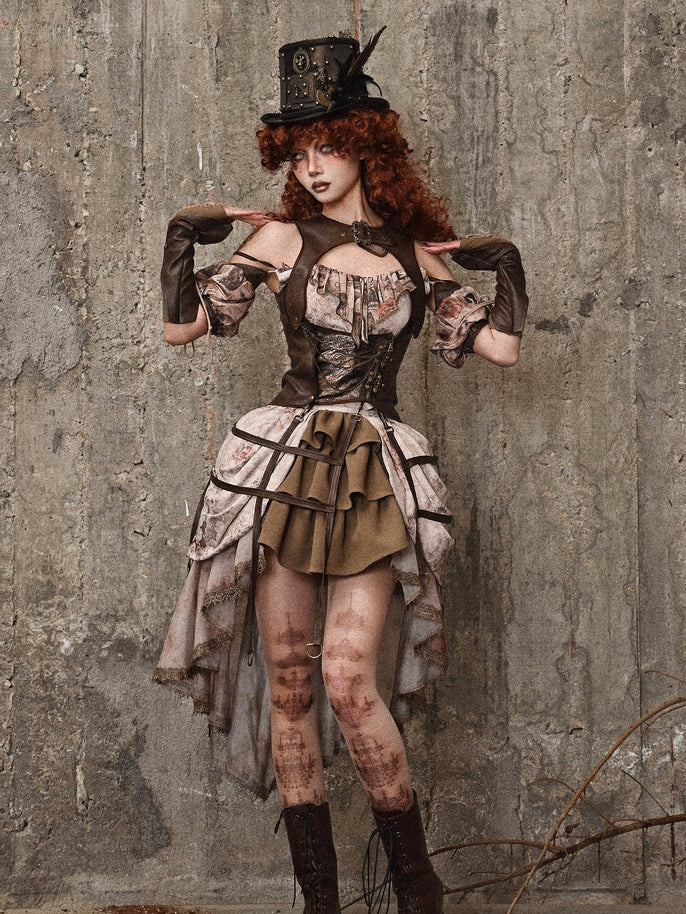Braune Vintage Steampunk Weste aus Leder Birdcage