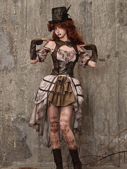 Braune Vintage Steampunk Weste aus Leder Birdcage