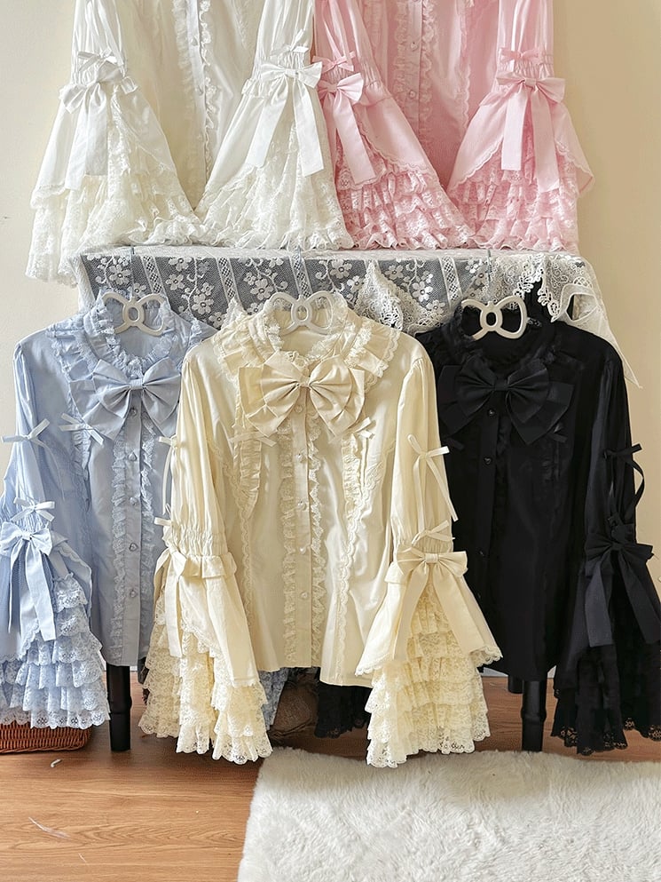 Black Apricot Sleeves White Lolita Bell Size Pink Plus Blouse / Blue