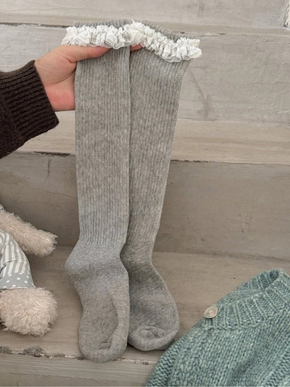 with Cuffs Socks Calf Ribbed Ruffled Lace
