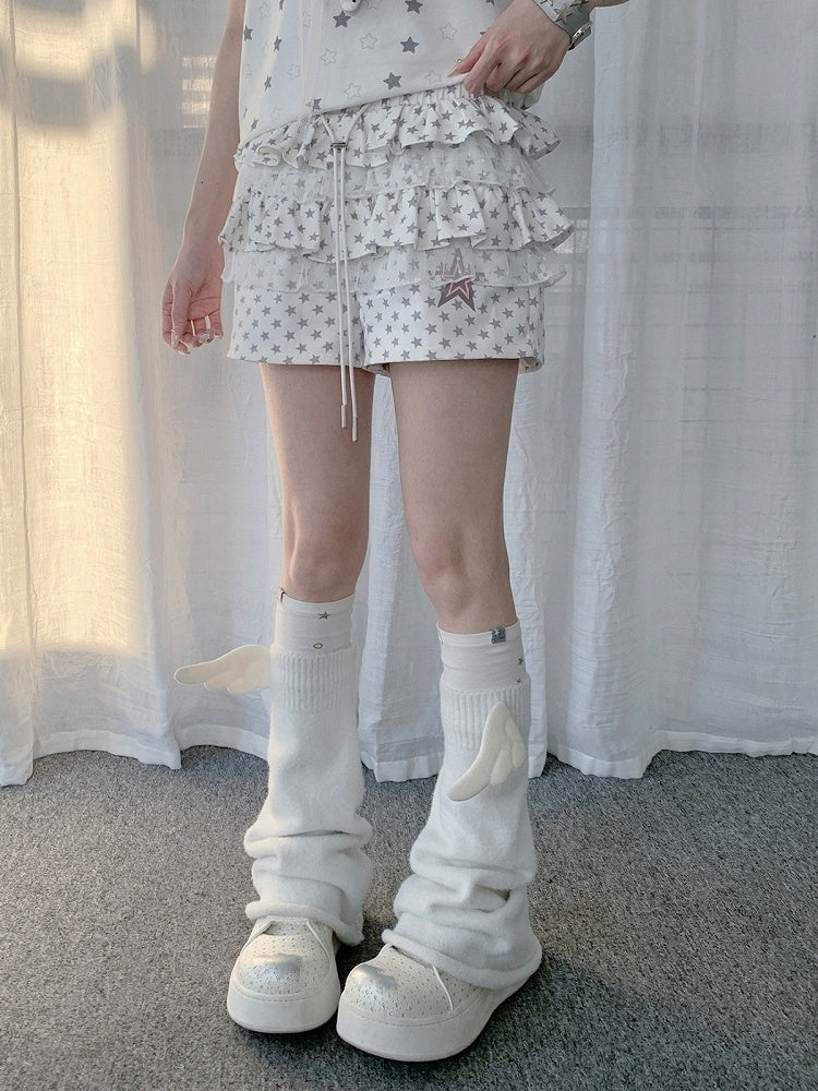 White Layered Ruffle Star Pattern Shorts with Lace Trim - Solkatt