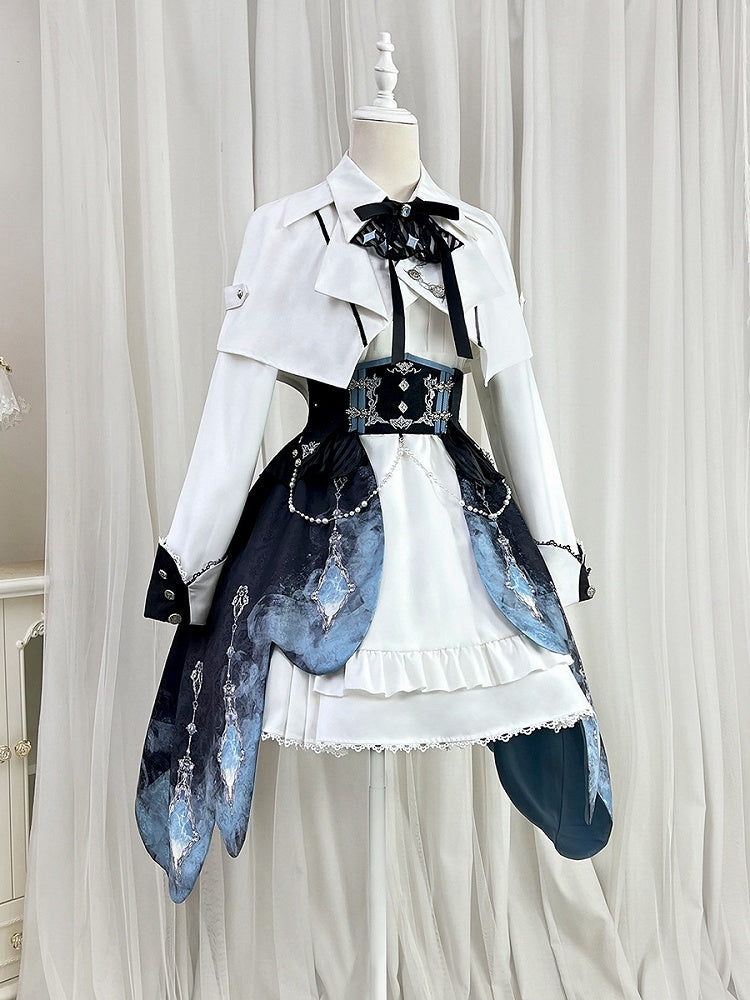 Taillen-Lolita-Militär-Set High-Low + Korsett, kurze weiße ärmellose Ärmel, voller Rock, futuristisches langes Top-Kleid