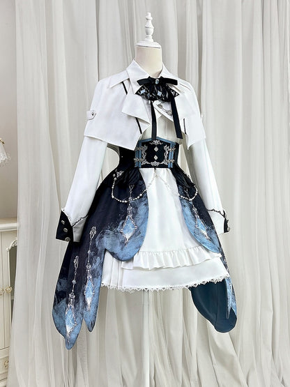 Waist Lolita Military Set High-low + Corset Cropped White Sleeveless Sleeves Full Skirt Futuristic Long Top Dress
