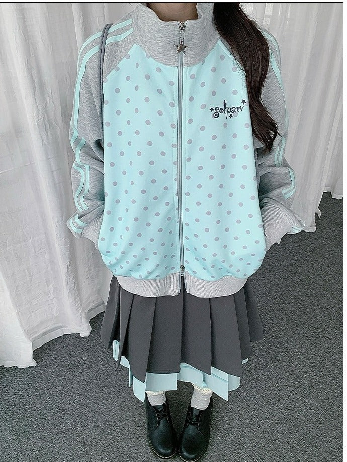 Mint Blue Y2K Polka-Dot Zip-Up Jacket with Stand Collar Design - Solkatt