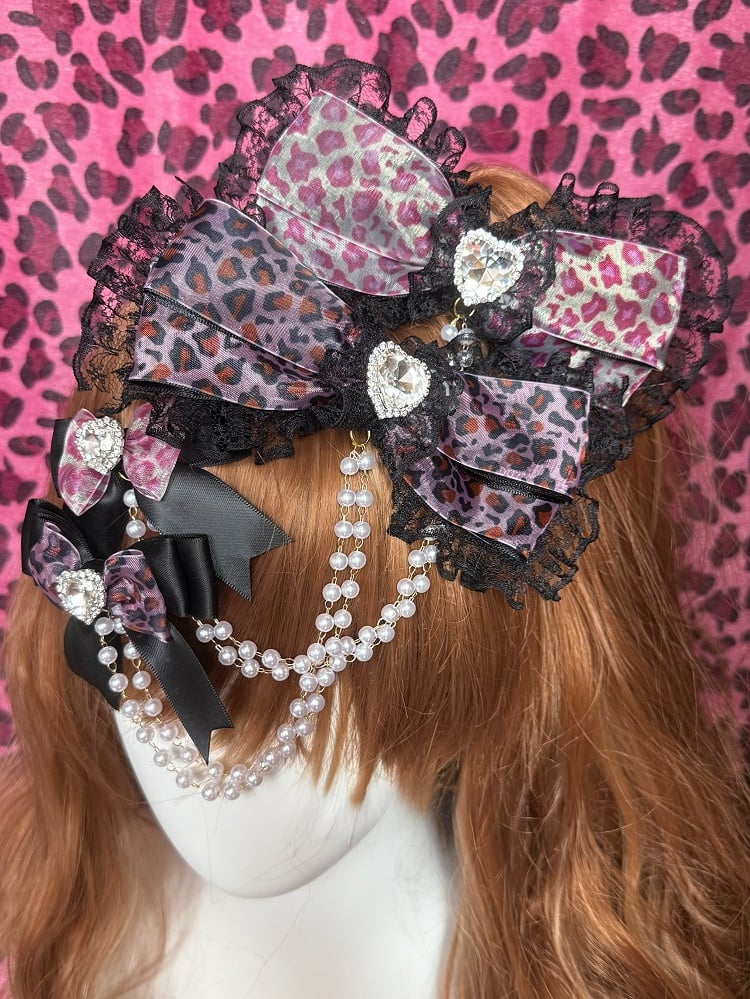 Pink Two BlackDark/Light Hairclips Chain Bowknot Rhinestone Heart Bead Decorated