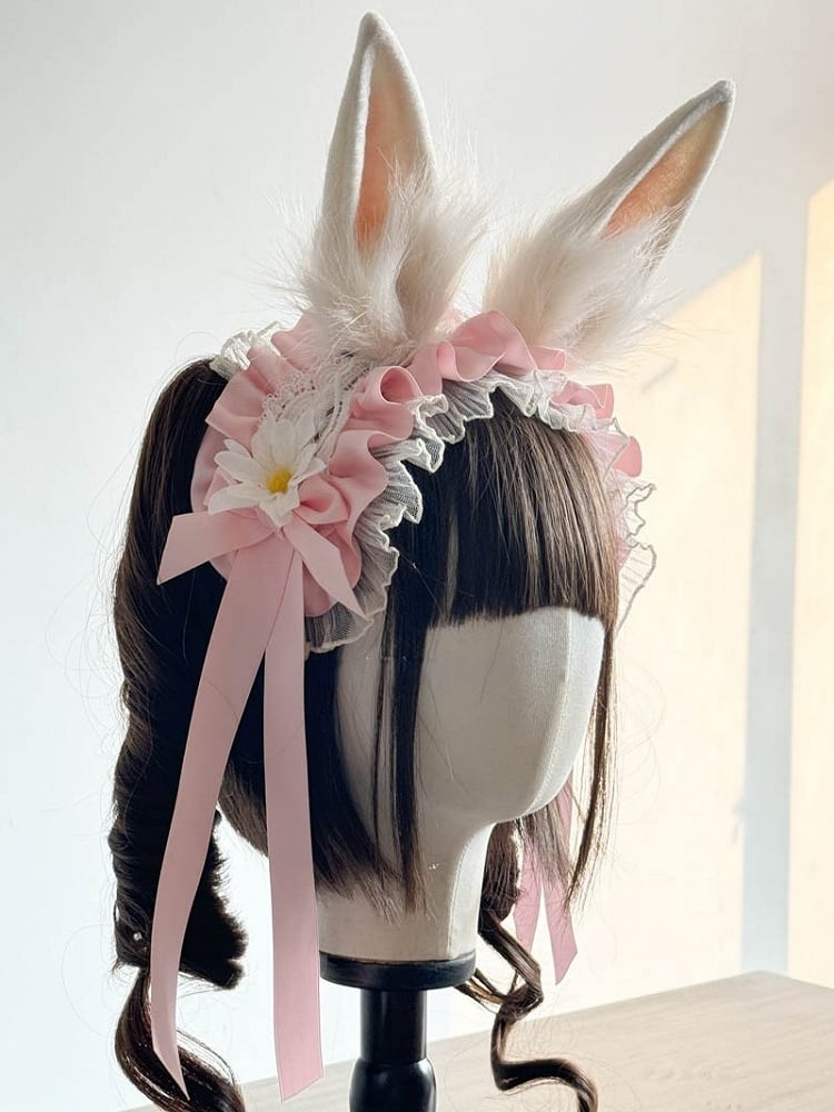 Rosa Ohren und rot/pink/schwarzes Kaninchen Daisy mit Haarband Dekoration Lolita Spitze