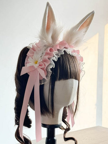 Rosa Ohren und rot/pink/schwarzes Kaninchen Daisy mit Haarband Dekoration Lolita Spitze