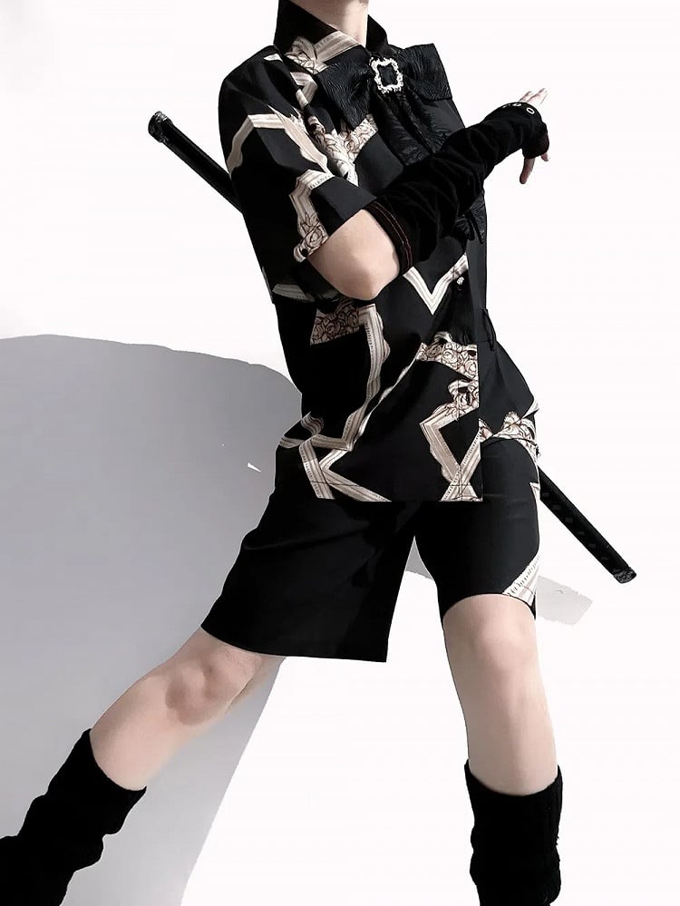 Asymmetrical Shorts Straight-leg Ouji Black Cut Print Lolita