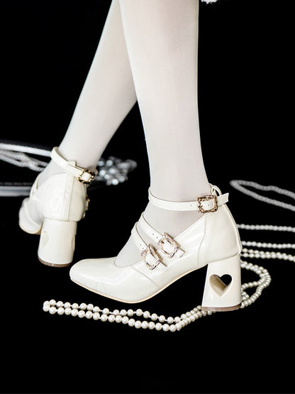 - with Heart Straps Mid Elegant Heels Cutout White PU Lolita Buckle Triple Heel Leather
