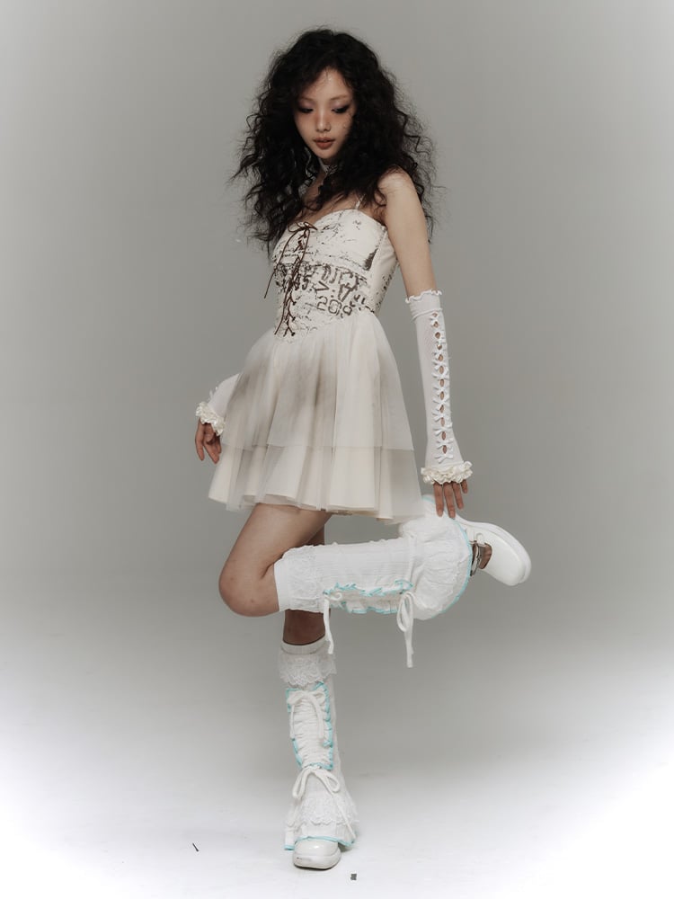 Punk Slip Crisscross Dress Lacing Tiered White with Tulle Skirt Distressed