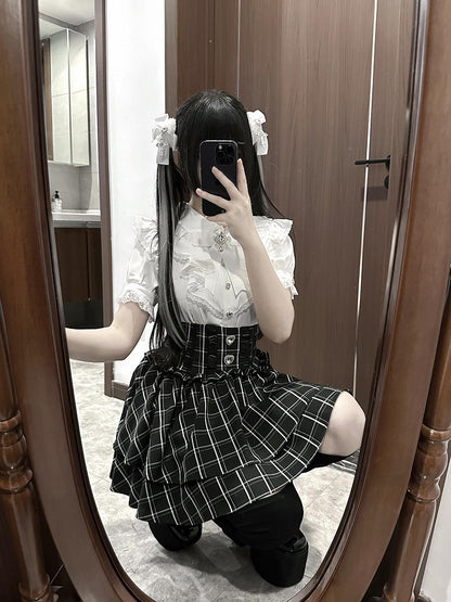 Tiered Skirt Rhinestones Embellished Jirai Kei Black/White/BlackWhite Heart