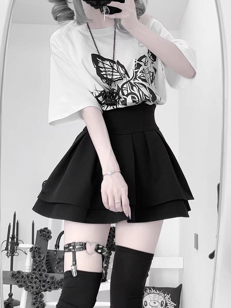 Broken Butterfly Print Lace-up Side Black/White Kei T-shirt Jirai