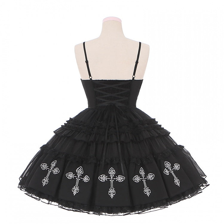 Kuro Black Cross Print Lace Trim Gothic Lolita Puffy Dress Jumper Skirt
