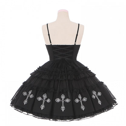 Kuro Black Cross Print Lace Trim Gothic Lolita Puffy Dress Jumper Skirt