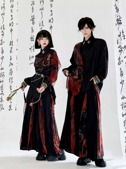 Set Pants BlackRed Pendant + Chain Shirt Embroidered Chinese-style Hanfu Waist