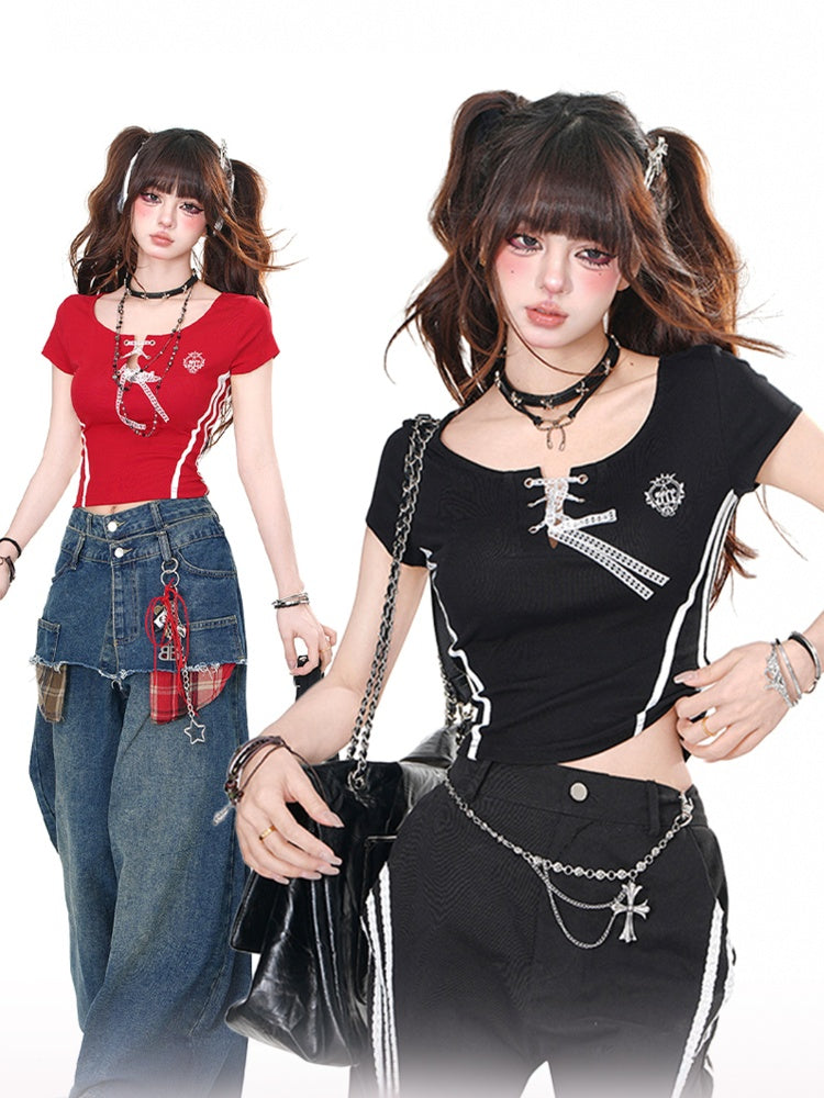 Red/Black Round Neck Glamorous T-shirt with Lace-up Detail at Front