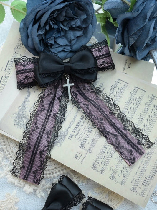 Lace Purple Jirai Charm with Cross Brooch Black Bow Kei