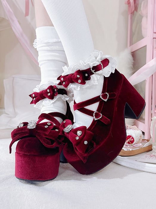 レッドジライジェーンズオールドメアリーワイン系ロリータボウベルベットハイヒールブロックアクセントスクール