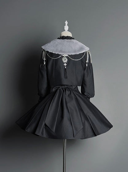 Lolita Coat Collar Sleeves Leg-of-Mutton Black Faux with Fur Gothic Detachable