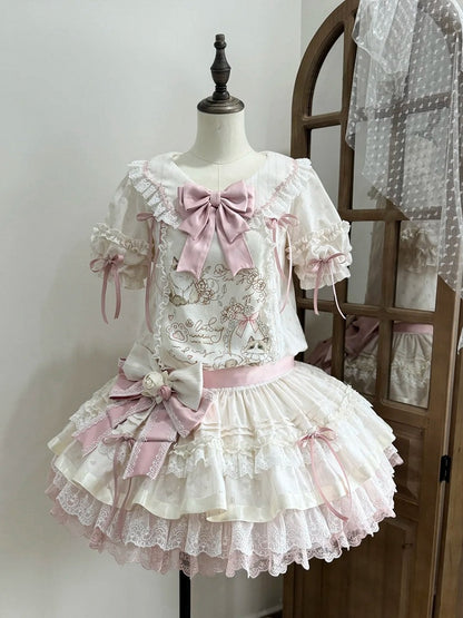 Beige & Pink Low Waist Dollcore Lolita OP Dress with Cat Print & Ribbon - Mirror Ragdoll