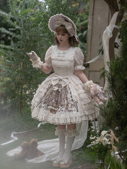 Bunny Print Lace Ruffle Dress with Round Neck - NnSTAR
