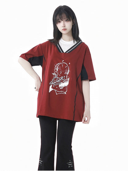 Two-pieces Neck Blue/Red Round Faux Light Graphic T-Shirt