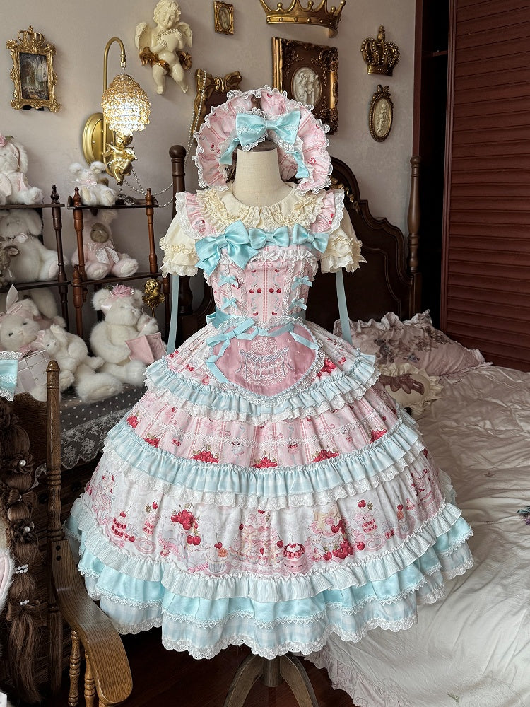Blue Cherry Cake Print Sweet Lolita Dress with Bow Details - Strawberry Fantasy