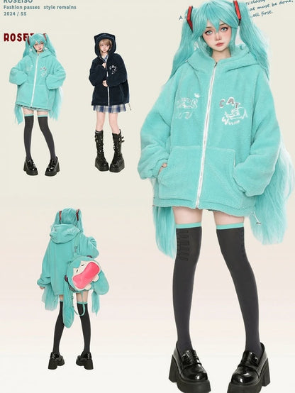 Grün/Marineblauer Fleece-Kapuzenpullover mit süßem Katzenohren-Design