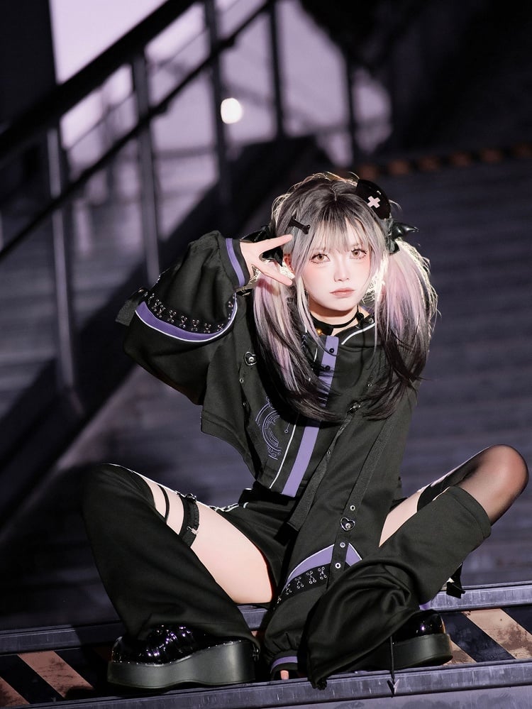 Panel Black with - Futuristic Techwear Detachable Kei Cat-Ear Purple Jirai Jacket Hood Streetwear