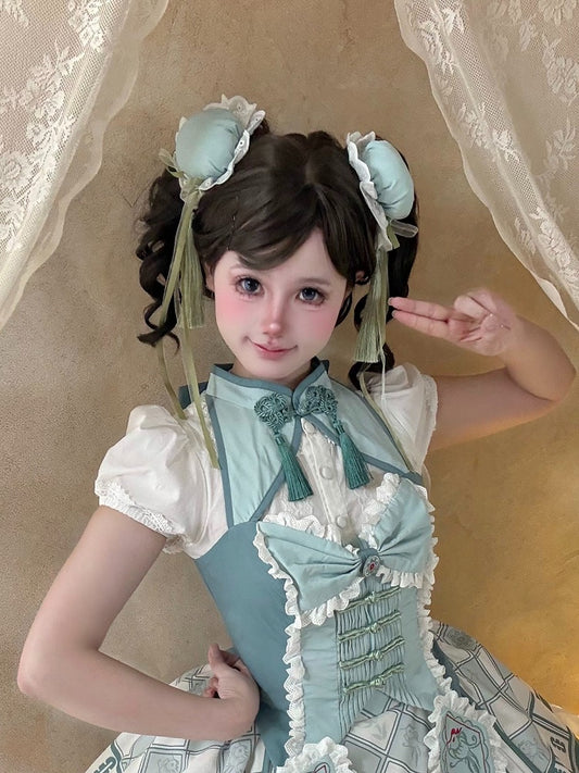 White & Green Chinese-Style Lolita Hair Clip with Lace Accent - Maiden Portal