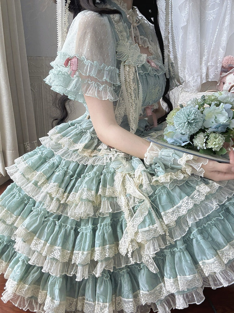 Goldfisch Sweet Lolita Details Stickerei Spitze Stufen und grüne Rüschen mit Kleid