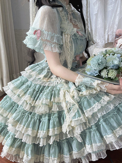 Goldfisch Sweet Lolita Details Stickerei Spitze Stufen und grüne Rüschen mit Kleid