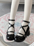 Black Sweet Lolita Mid Heels - Knotted Bow & Heart Buckle