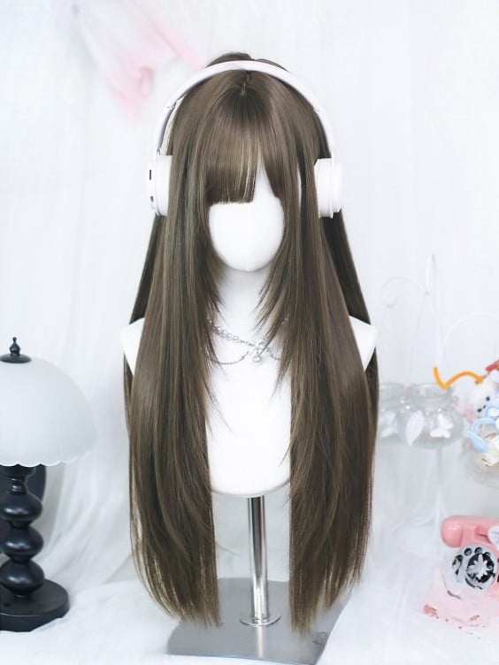 長さ ブラウン ストレート ウィッグ付き 前髪 60-65CM