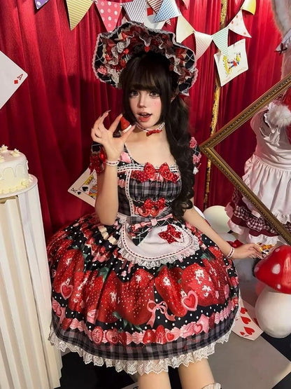 XXL-Büstenschürze mit Karomuster für 96–111 cm, Muster: Schwarz, Erdbeere, süßes Kleid, Ausverkaufsgröße, Sommer und Lolita