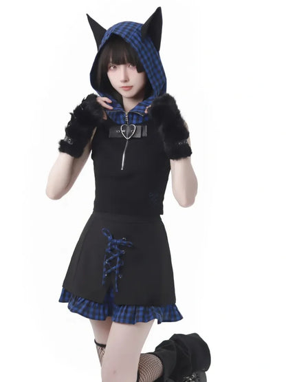 Muster Kapuze Blau Ohren Top Dunkel Schwarz Plaid Ärmellos