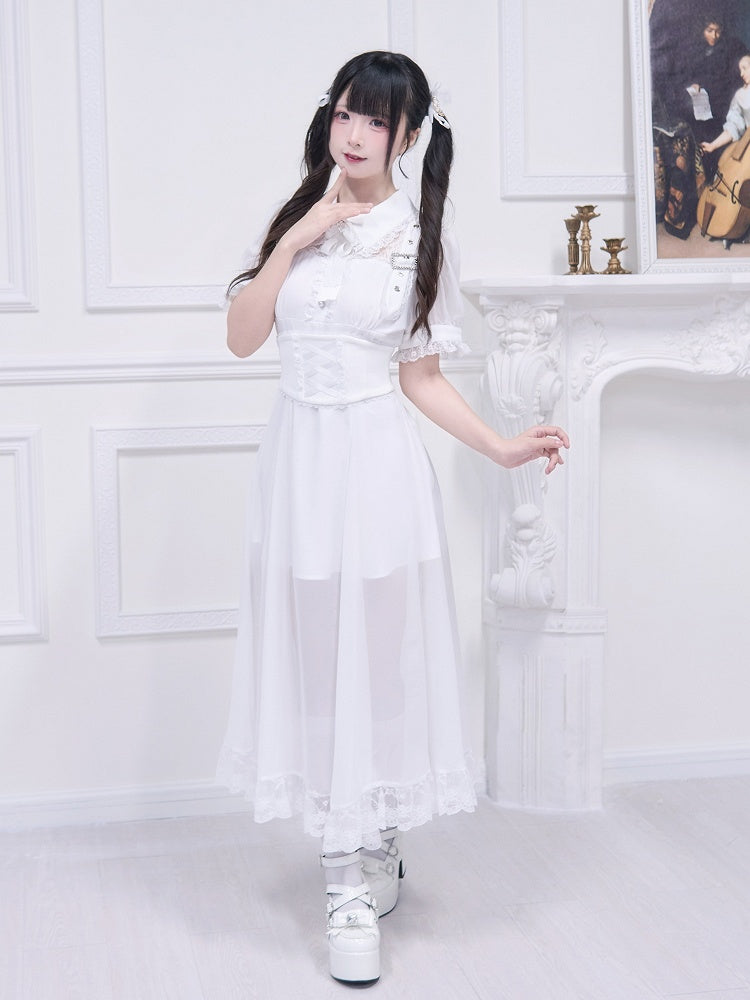 Kostenloser Gürtel Ausschnitt Schnalle Jirai Kei Weiß Lange Kleid Illusion Akzente Korsett mit