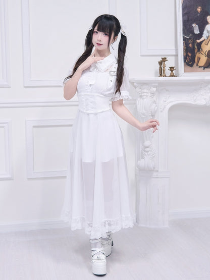 Kostenloser Gürtel Ausschnitt Schnalle Jirai Kei Weiß Lange Kleid Illusion Akzente Korsett mit