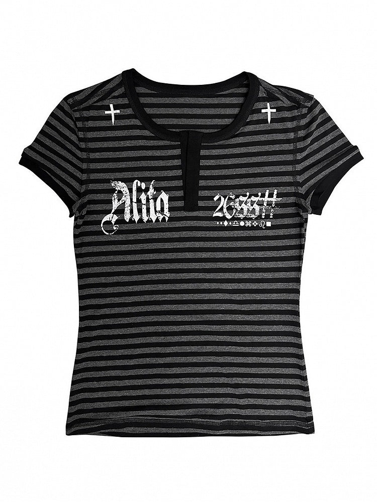 Y2K Striped T-Shirt with Cross and Gothic Letter Details - Alita26SS