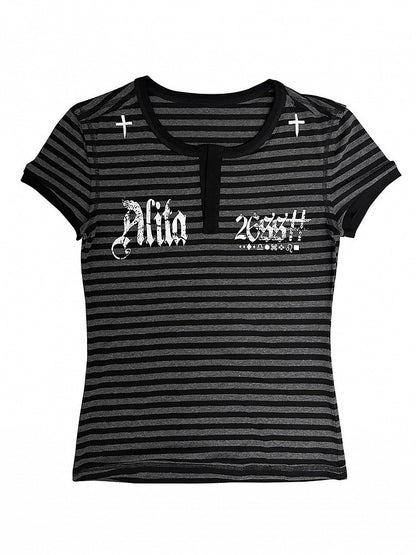 Y2K Striped T-Shirt with Cross and Gothic Letter Details - Alita26SS