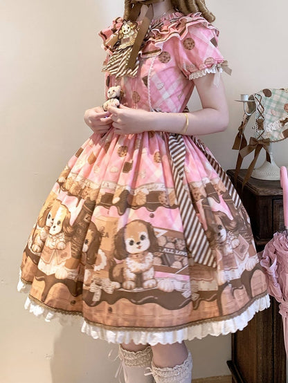 Süßes Lolita-Kleid mit kurzen Ärmeln und Welpen- und Keks-Print in Rosa