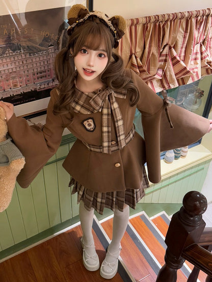 チェック柄リボンアクセント付きコーヒープレッピースタイルベルスリーブジャケット + チェック柄プリーツスカートセット