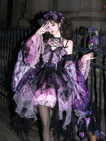 Purple Black Tulle with Hem Gothic Applique Dress Multi-Layer Halter Lolita Asymmetric Butterfly Lace-Up