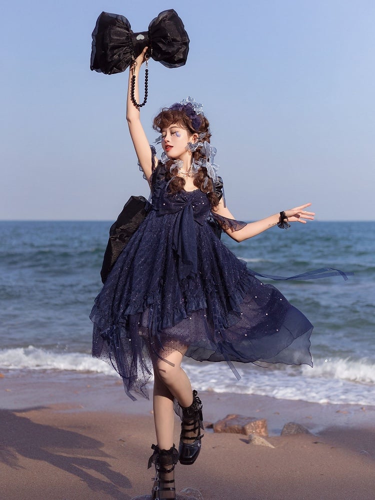 Color Black Bow Tulle Backpack Big Solid