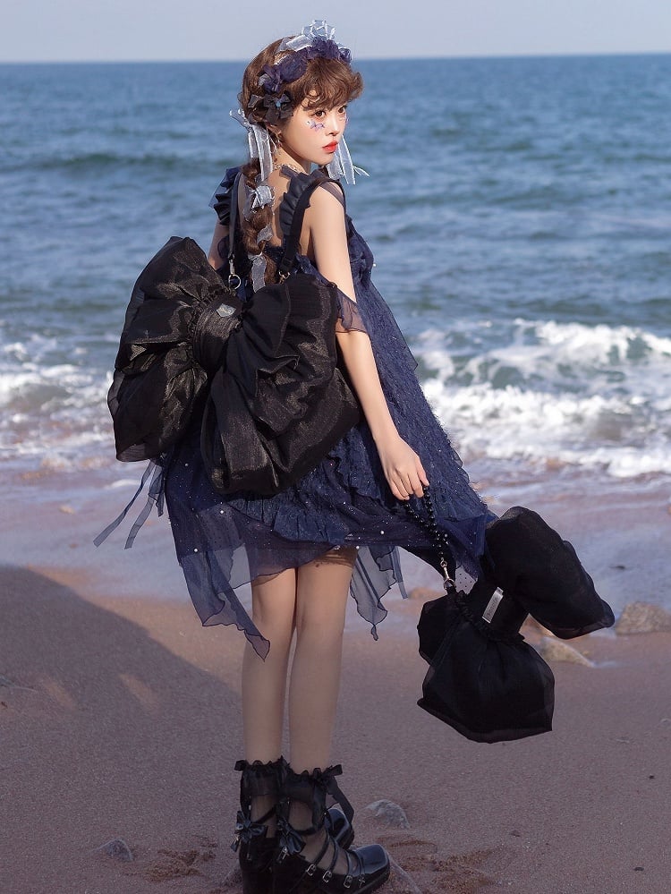 Color Black Bow Tulle Backpack Big Solid