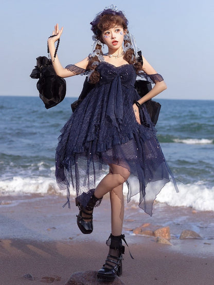 Color Black Bow Tulle Backpack Big Solid