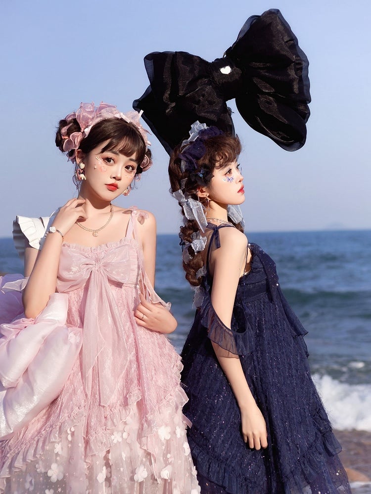 Color Black Bow Tulle Backpack Big Solid