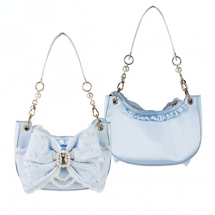 Blue Sweet Lolita Satin Underarm Bag with Crystal Bow - Sheep Puff Bag
